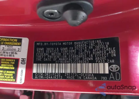 2018 Toyota Corolla Se из США, поврежденный, VIN 2T1BURHE0JC086063